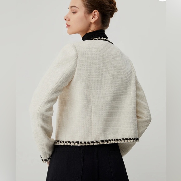 Commense Old Money Tweed Contrast Trim Metallic Button Jacket Cropped Blazer - Picture 3 of 8